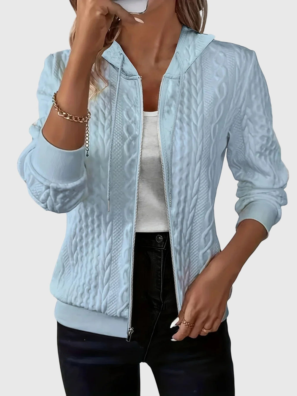 Women's hooded textured zip jacket with long sleeves and ribbed trims