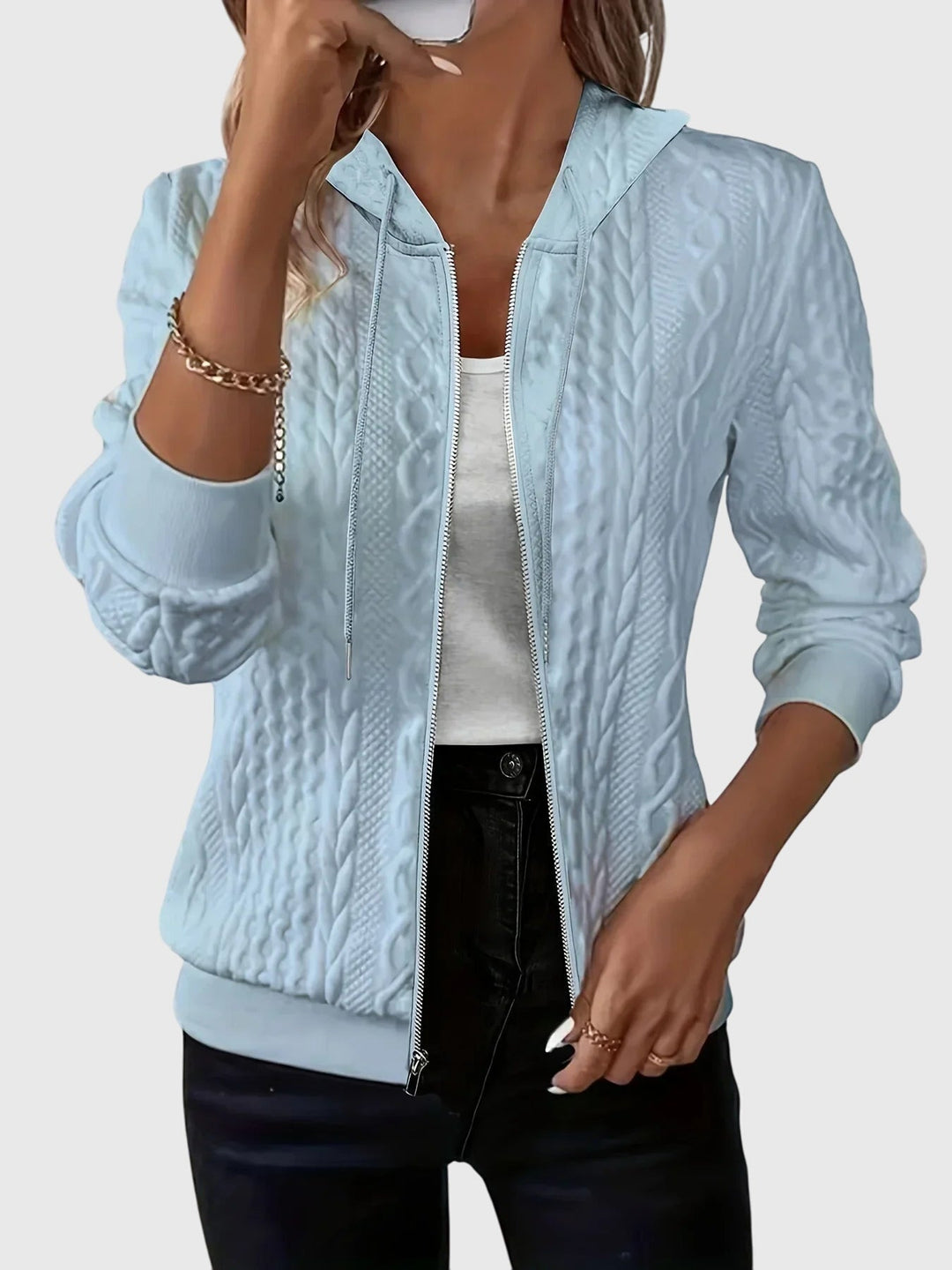 Women's hooded textured zip jacket with long sleeves and ribbed trims