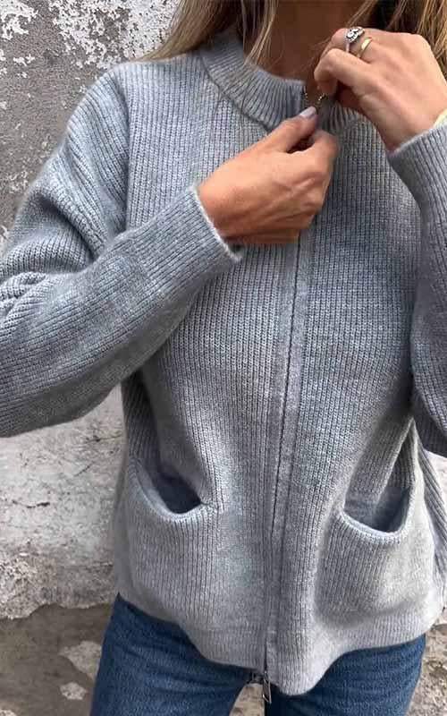 Women's ribbed knit jacket with stand collar, front zipper and patch pockets