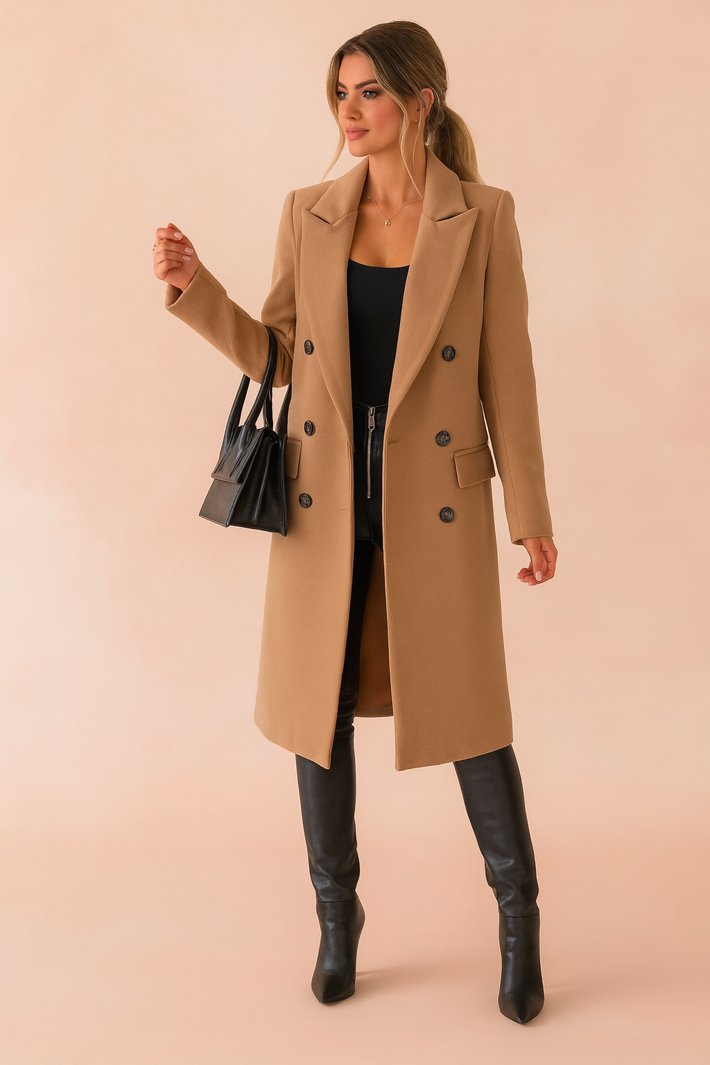 Women's long double-breasted coat with notched lapels and flap pockets