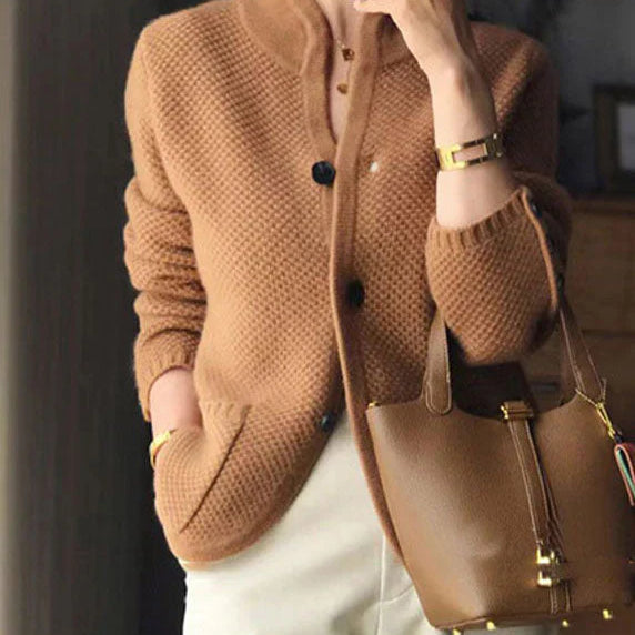 Women's textured knit cardigan with stand collar and button front