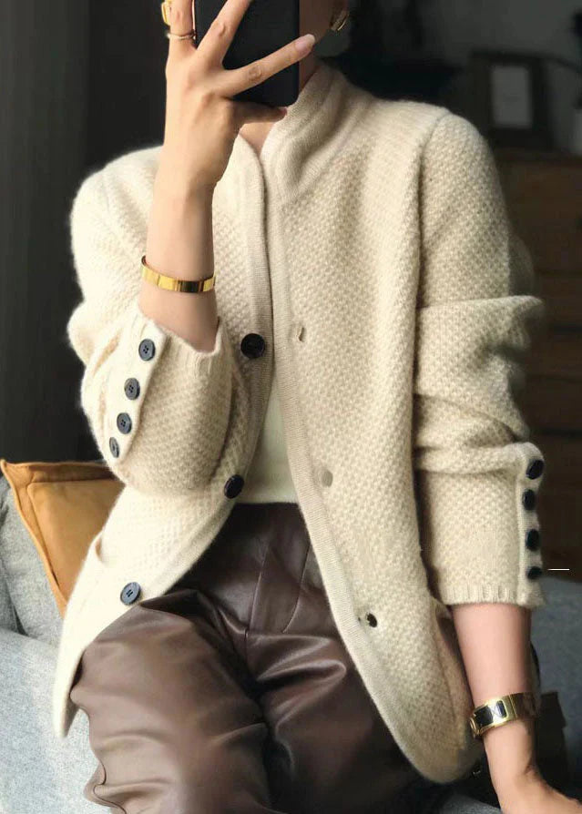 Women's textured knit cardigan with stand collar and button front