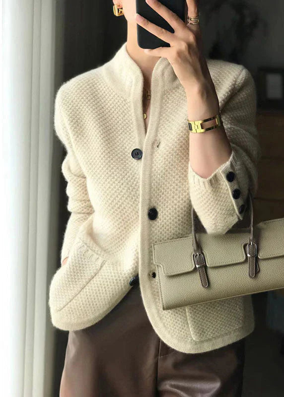 Women's textured knit cardigan with stand collar and button front