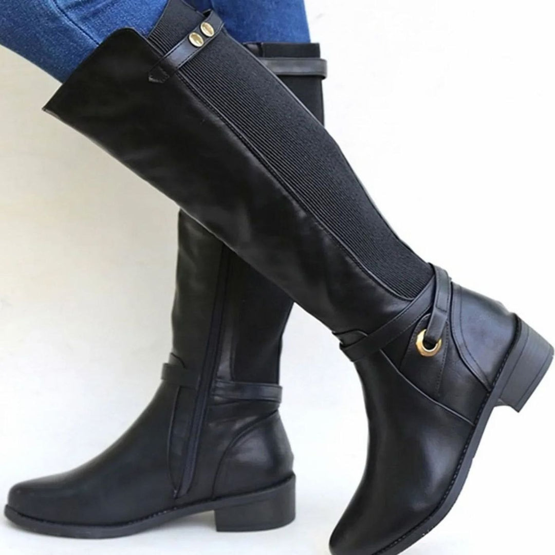 Catalina | Women's Orthopedic Knee-High Leather Boots Block Heel Elastic Panel