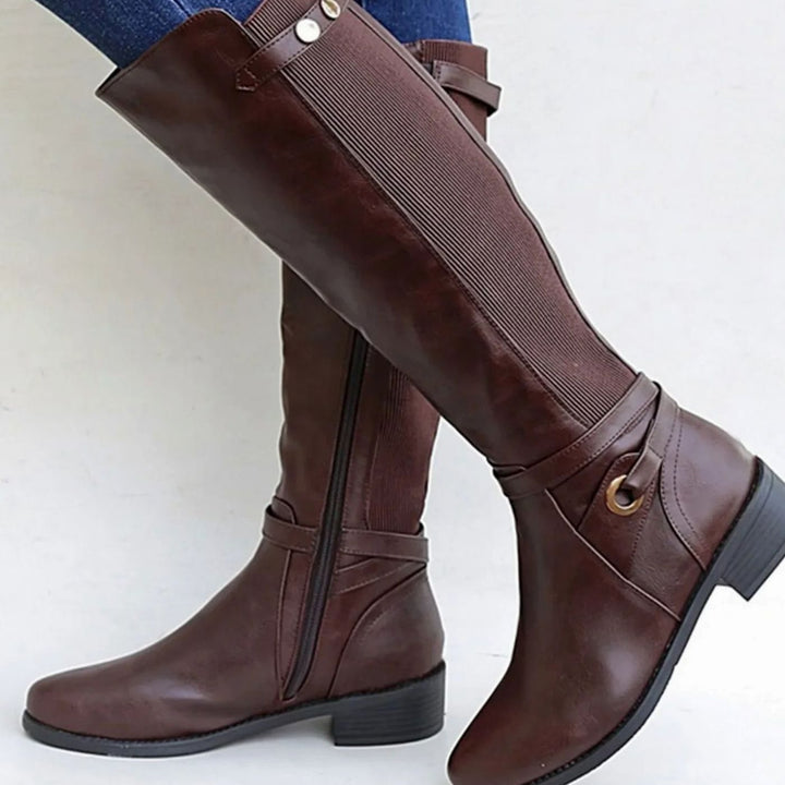 Catalina | Women's Orthopedic Knee-High Leather Boots Block Heel Elastic Panel