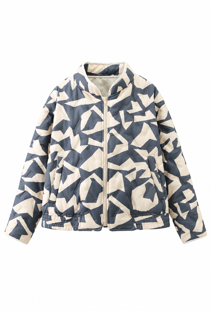 Women's geometric quilted jacket with stand collar and front zipper