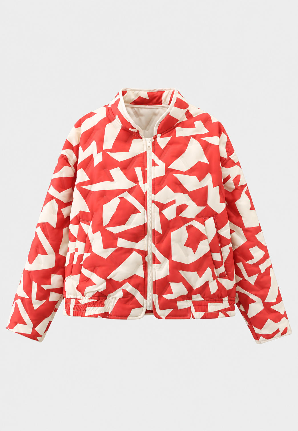 Women's geometric quilted jacket with stand collar and front zipper