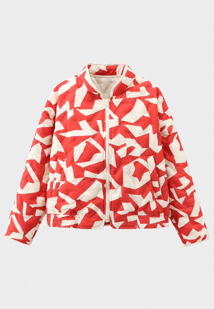 Women's geometric quilted jacket with stand collar and front zipper