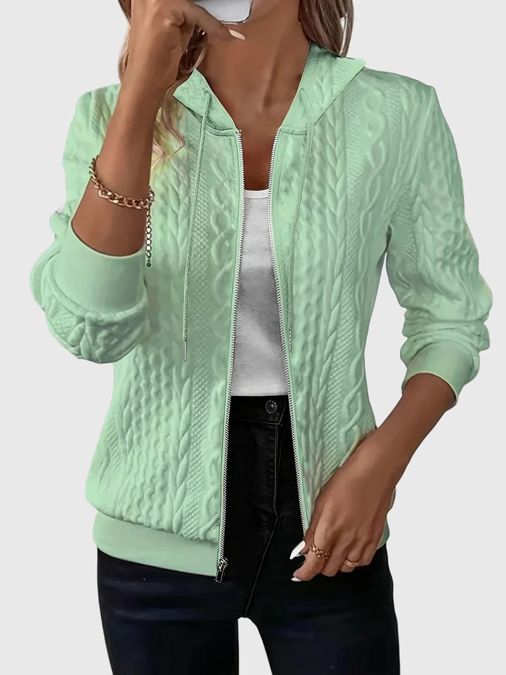 Women's hooded textured zip jacket with long sleeves and ribbed trims