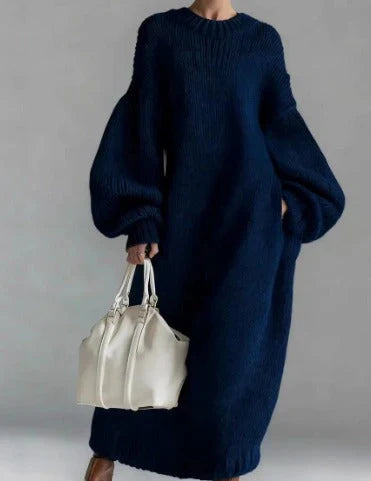 Women's textured knit maxi dress with crew neck and long balloon sleeves