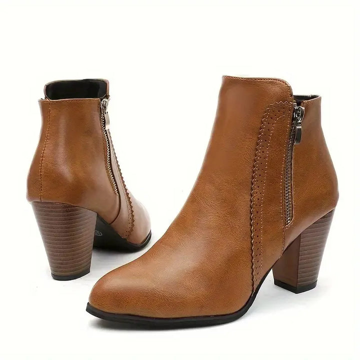 Women's ankle boots with side zippers and high block heels