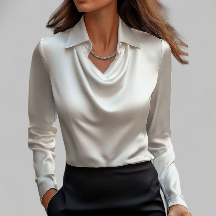Cecily | Women's Draped Cowl-Neck Long Sleeve Satin Blouses