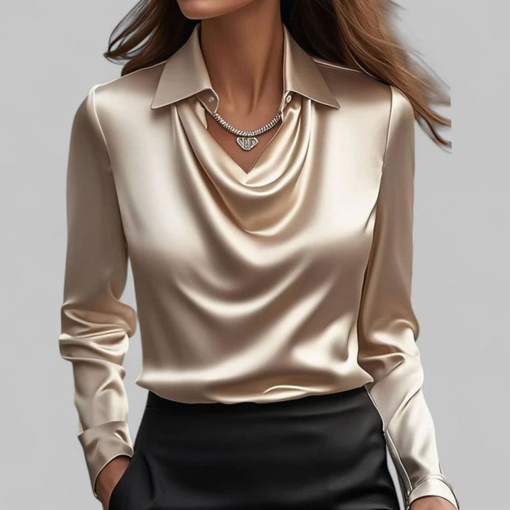Cecily | Women's Draped Cowl-Neck Long Sleeve Satin Blouses