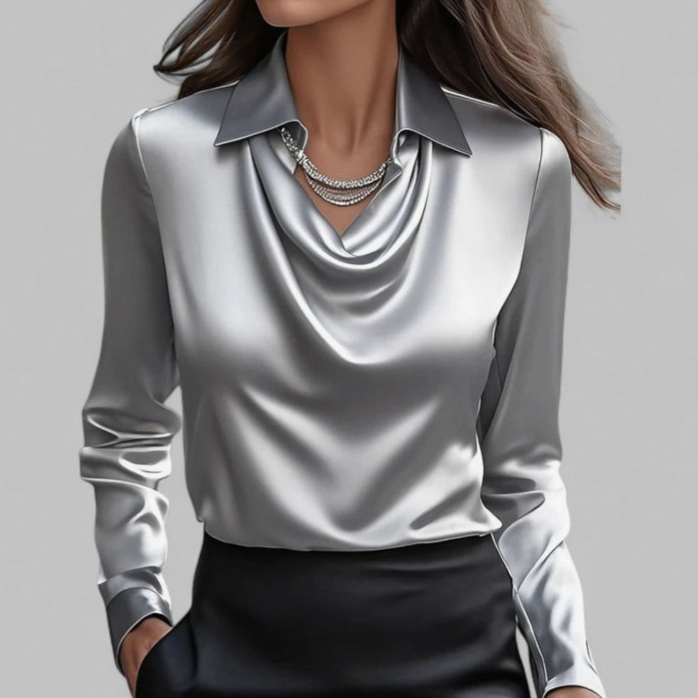 Cecily | Women's Draped Cowl-Neck Long Sleeve Satin Blouses