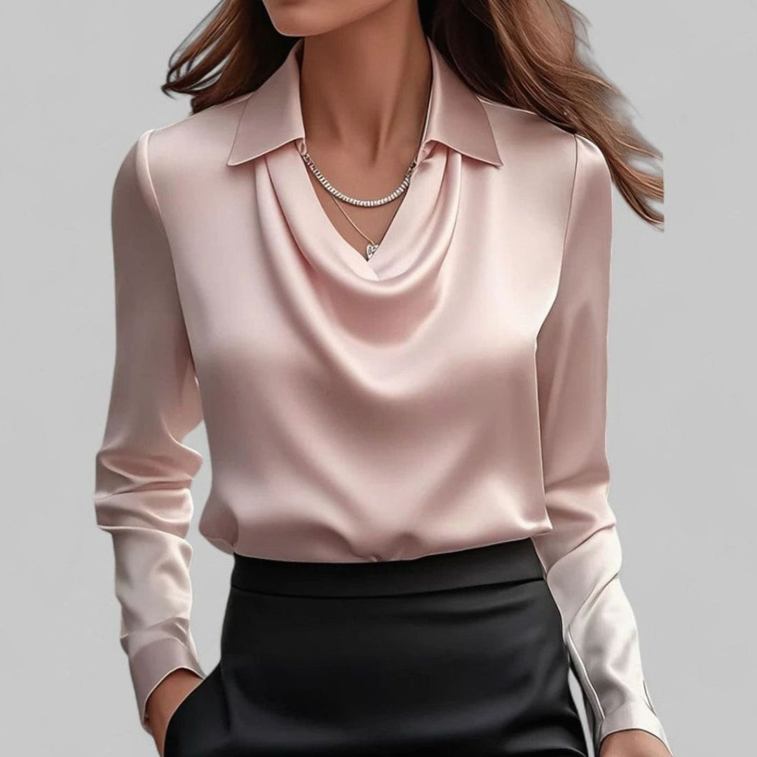 Cecily | Women's Draped Cowl-Neck Long Sleeve Satin Blouses