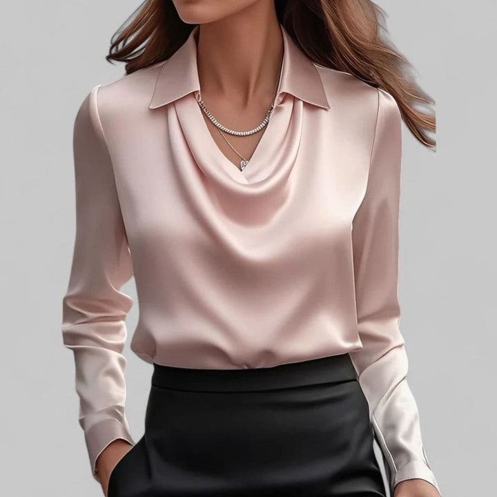 Cecily | Women's Draped Cowl-Neck Long Sleeve Satin Blouses