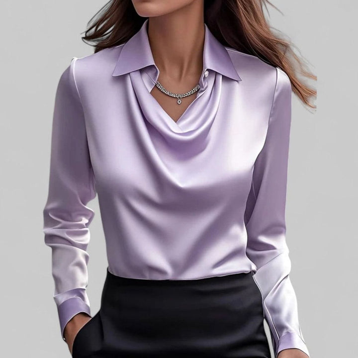 Cecily | Women's Draped Cowl-Neck Long Sleeve Satin Blouses