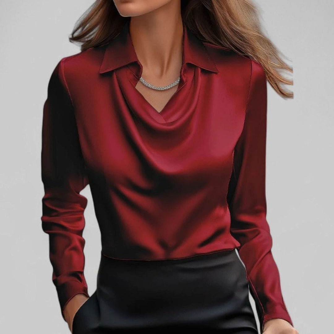 Cecily | Women's Draped Cowl-Neck Long Sleeve Satin Blouses
