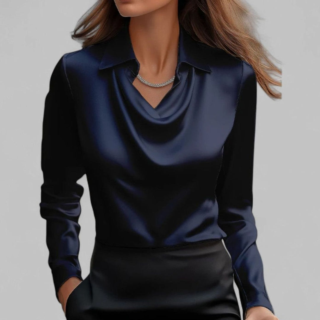 Cecily | Women's Draped Cowl-Neck Long Sleeve Satin Blouses