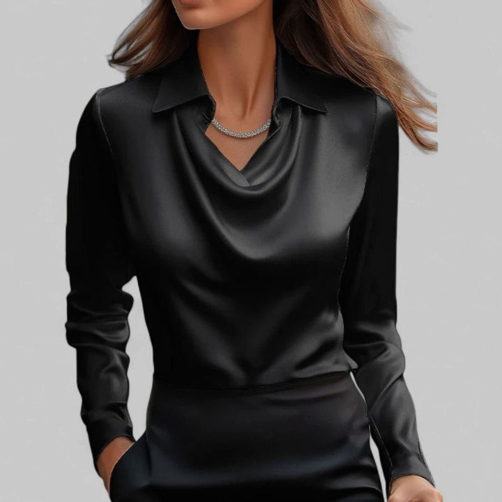 Cecily | Women's Draped Cowl-Neck Long Sleeve Satin Blouses