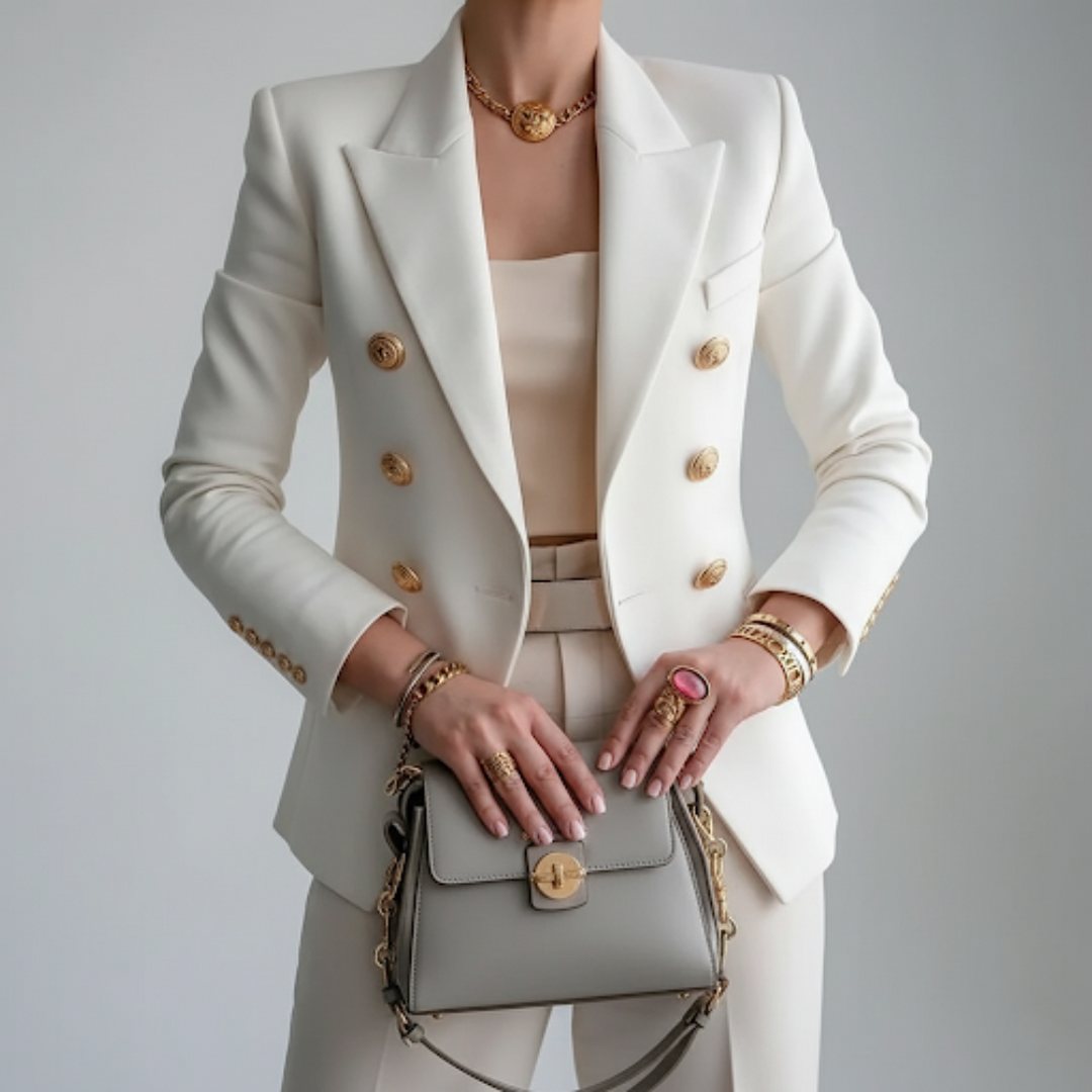 Women's double-breasted blazer with notched lapels and gold-tone buttons