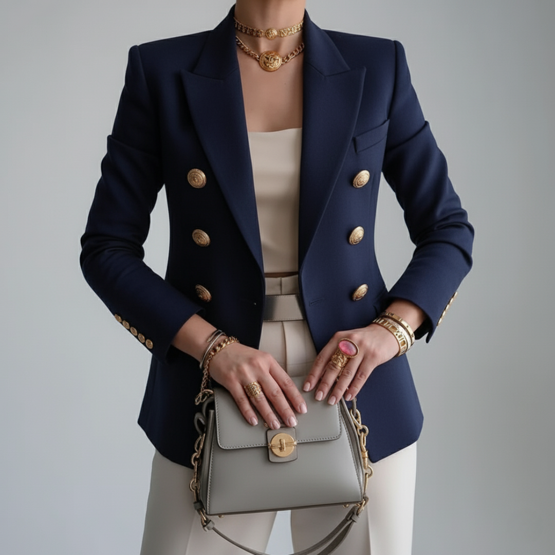 Women's double-breasted blazer with notched lapels and gold-tone buttons