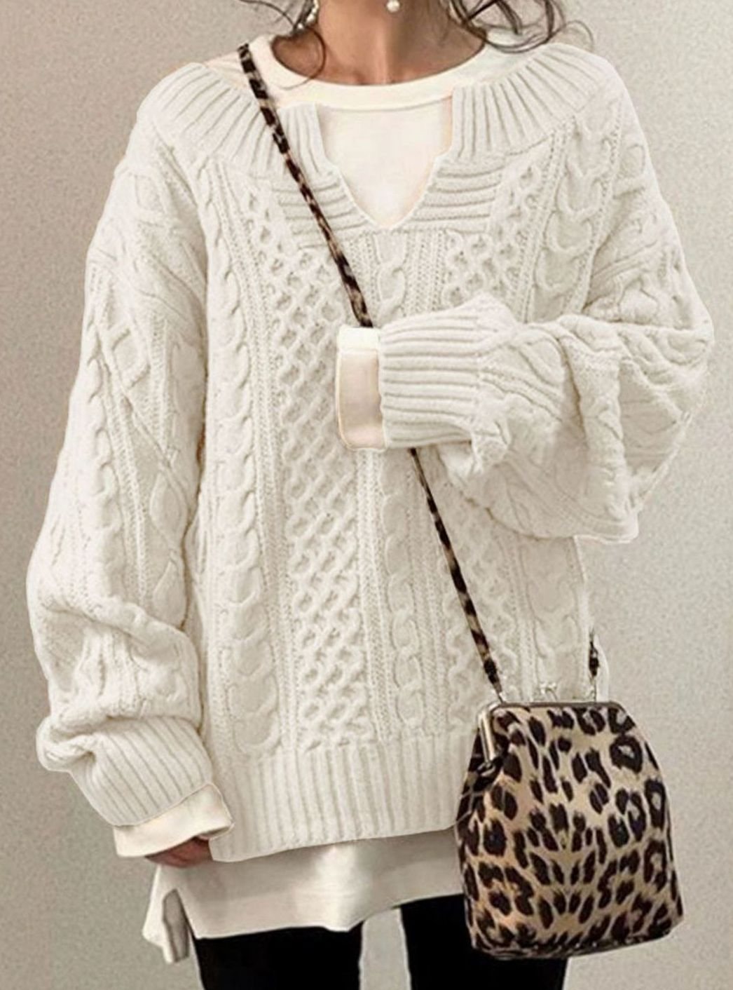 Charity | Women's Oversized Cable Knit Sweater V-Neck Pullover