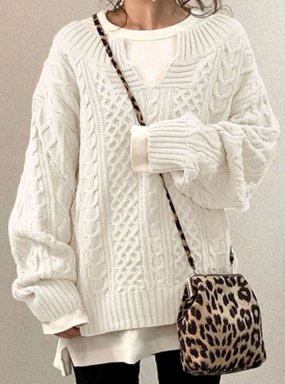 Charity | Women's Oversized Cable Knit Sweater V-Neck Pullover