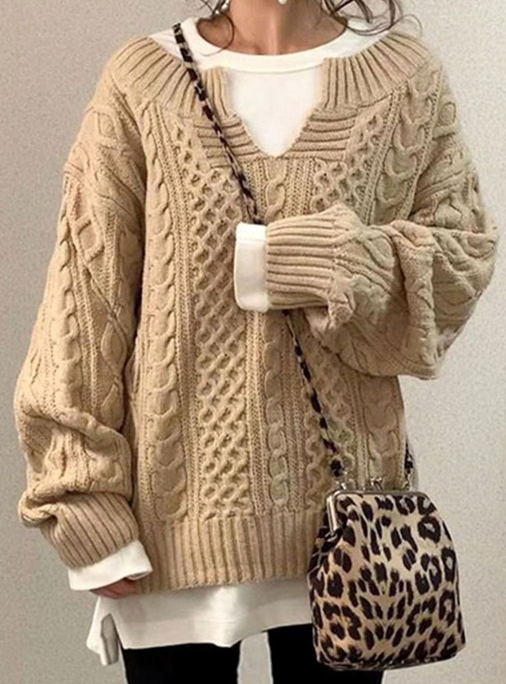 Charity | Women's Oversized Cable Knit Sweater V-Neck Pullover