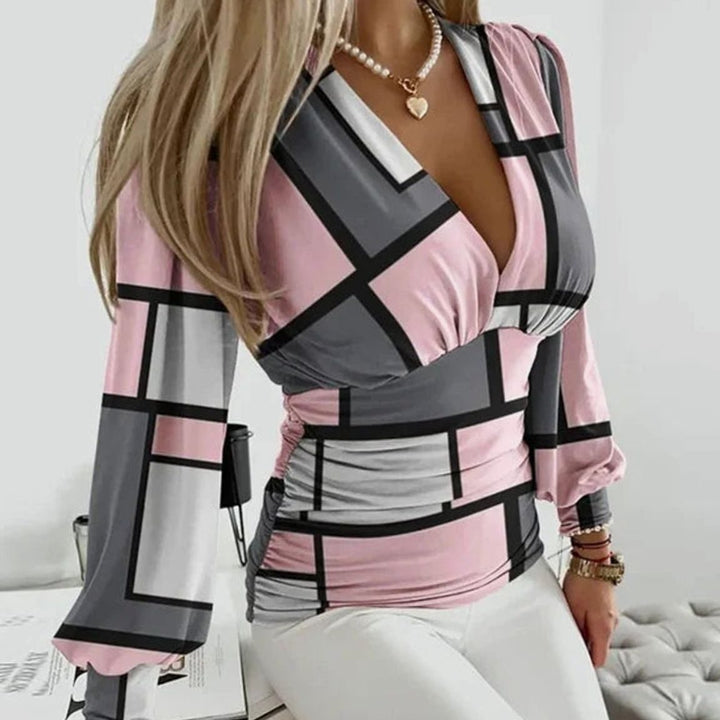 Charlene | Women's Deep V-Neck Ruched Waist Blouse Long Sleeve Slim Top
