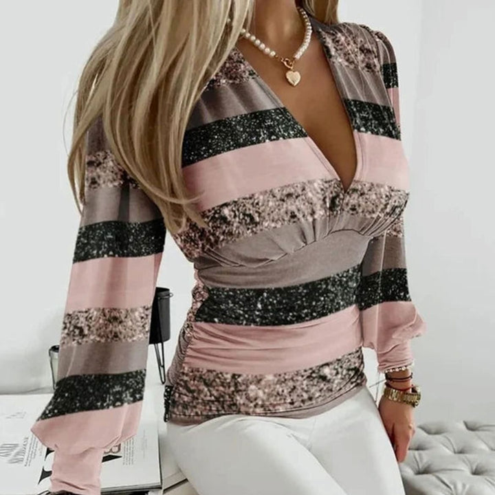 Charlene | Women's Deep V-Neck Ruched Waist Blouse Long Sleeve Slim Top