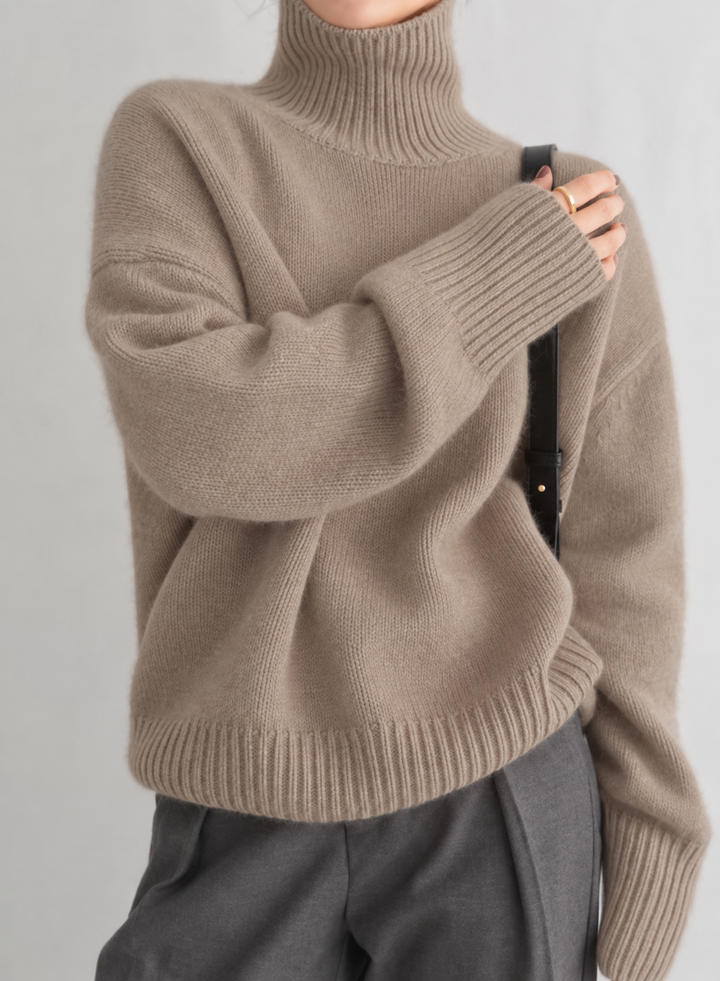 Women's relaxed turtleneck pullover sweater with long sleeves and ribbed trims