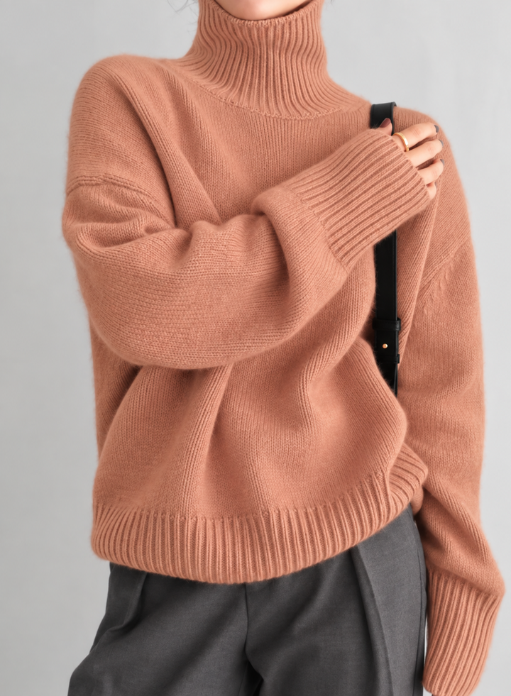 Women's relaxed turtleneck pullover sweater with long sleeves and ribbed trims