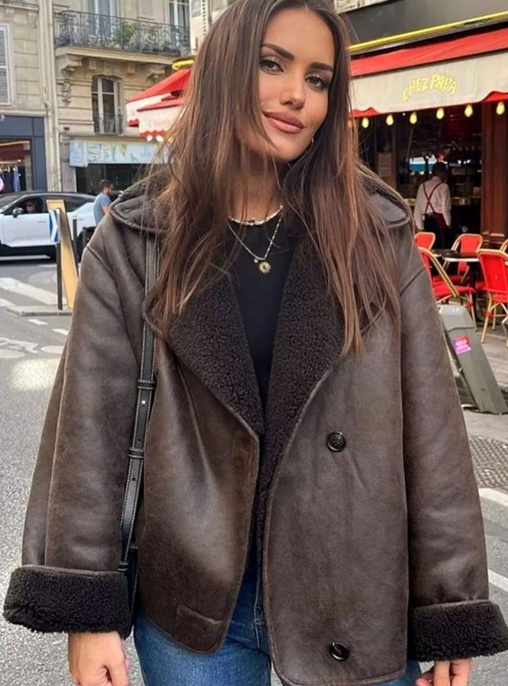 Coral | Women's Oversized Shearling-Lined Double-Breasted Jacket