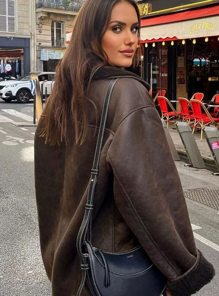 Coral | Women's Oversized Shearling-Lined Double-Breasted Jacket
