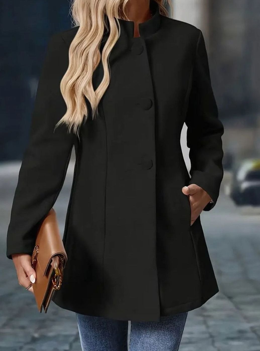 Corinne | Women's Long Elegant Winter Coat with Buttons and Stand Collar