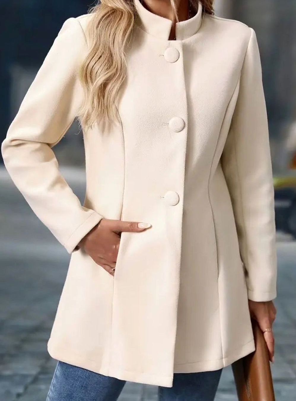 Corinne | Women's Long Elegant Winter Coat with Buttons and Stand Collar