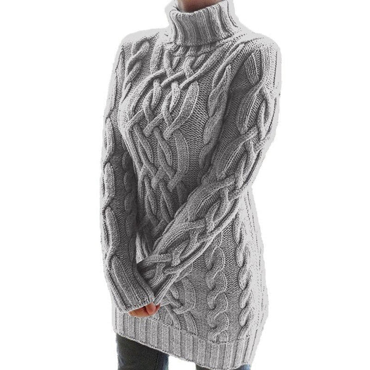 Women's longline cable knit turtleneck sweater with long sleeves