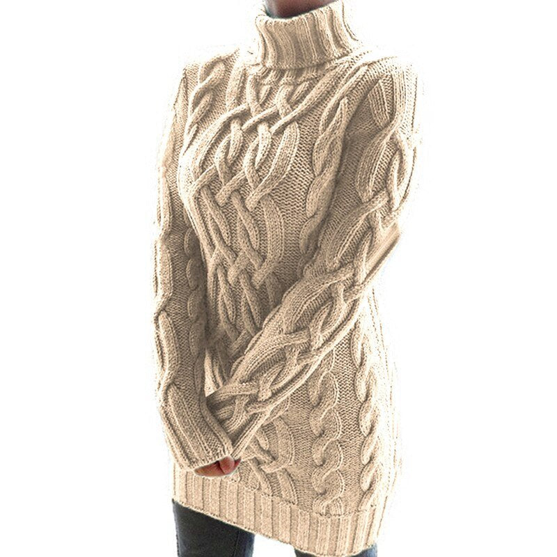 Women's longline cable knit turtleneck sweater with long sleeves