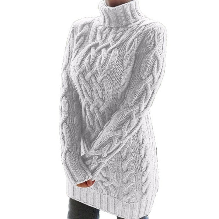 Women's longline cable knit turtleneck sweater with long sleeves