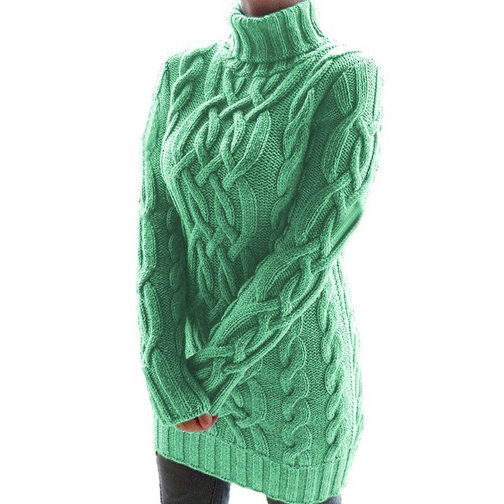 Women's longline cable knit turtleneck sweater with long sleeves