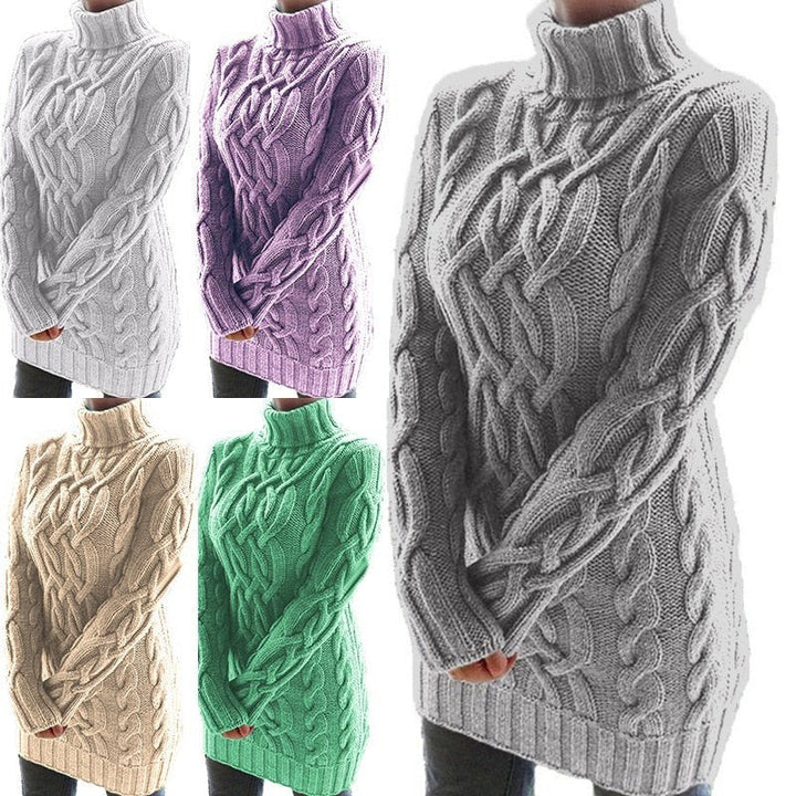Women's longline cable knit turtleneck sweater with long sleeves