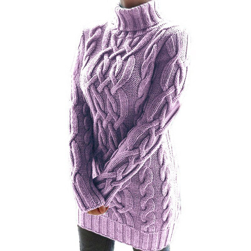 Women's longline cable knit turtleneck sweater with long sleeves