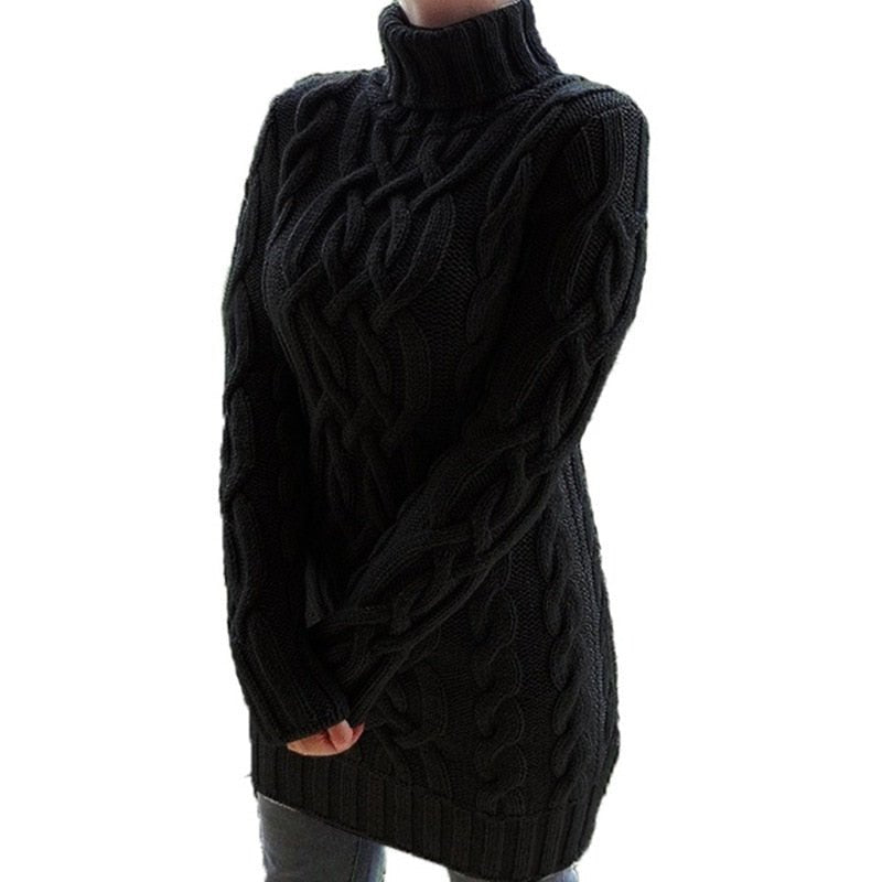 Women's longline cable knit turtleneck sweater with long sleeves