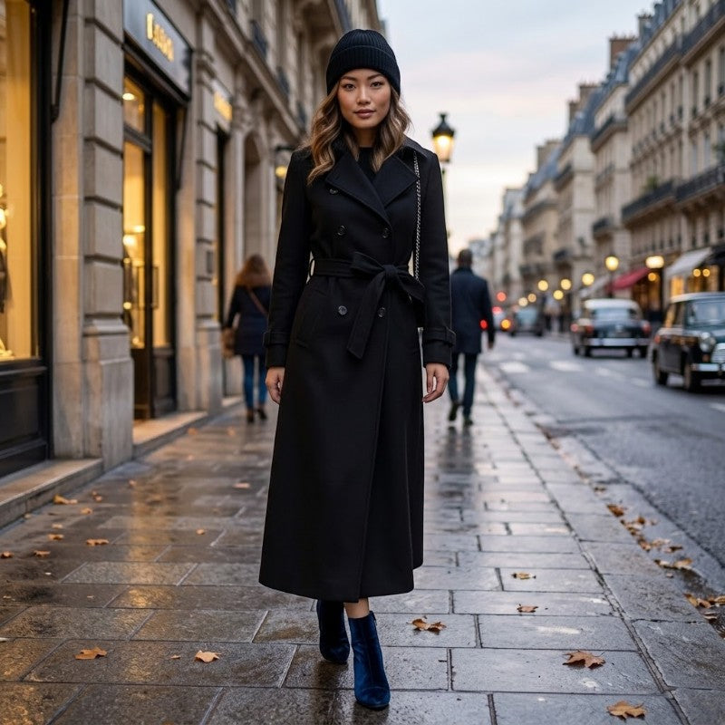 Women's long coat with lapel collar, button front and ankle-length cut