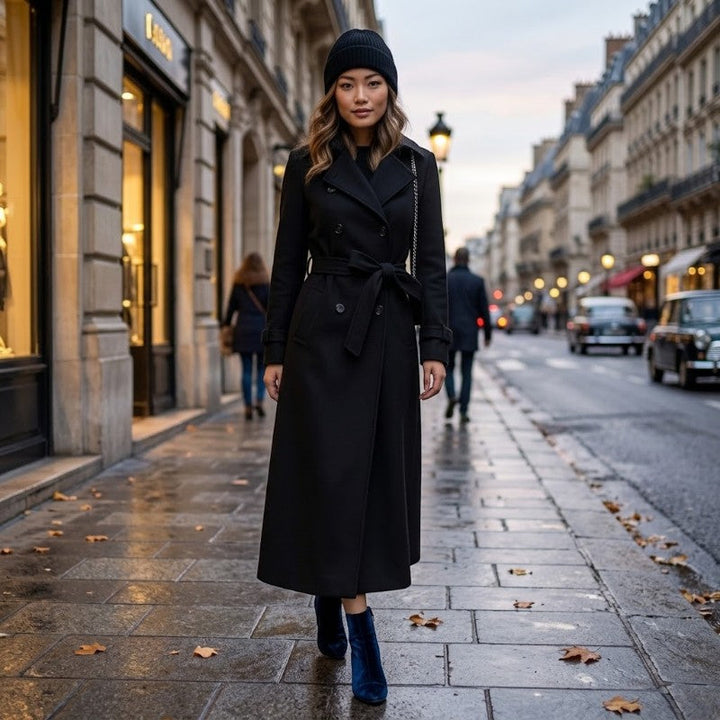 Women's long coat with lapel collar, button front and ankle-length cut