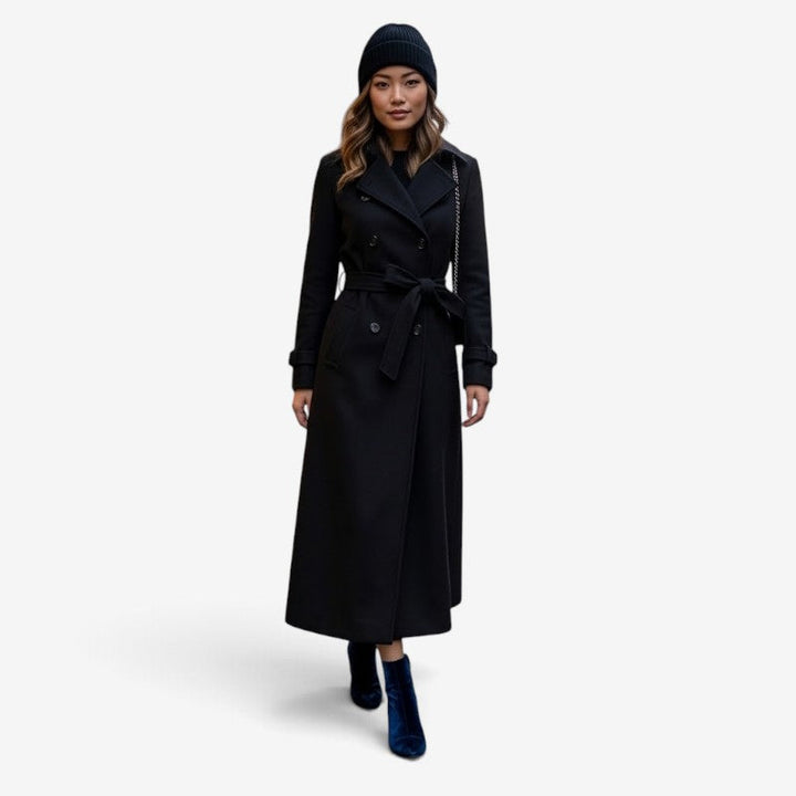 Women's long coat with lapel collar, button front and ankle-length cut
