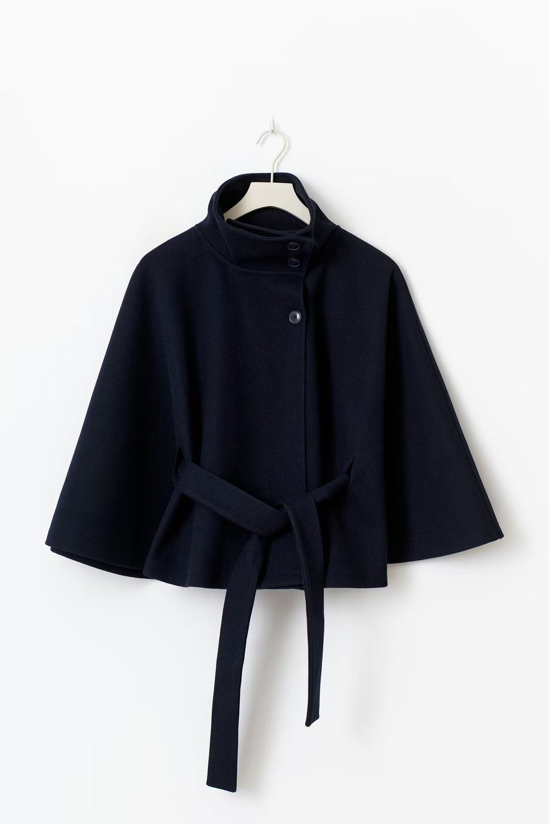 Women's belted cape coat with high collar and wide sleeves