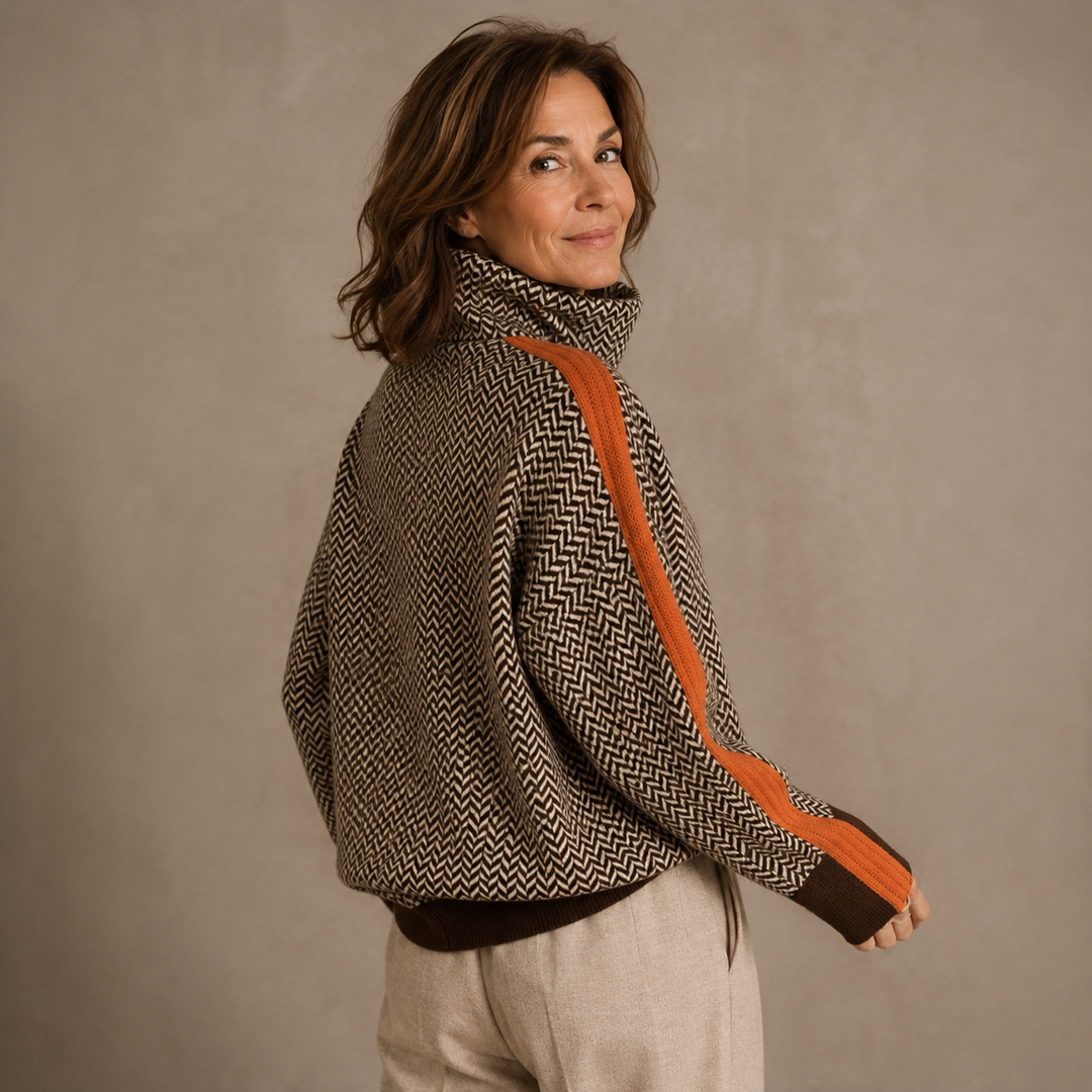 Women's herringbone turtleneck sweater with contrasting sleeve trim
