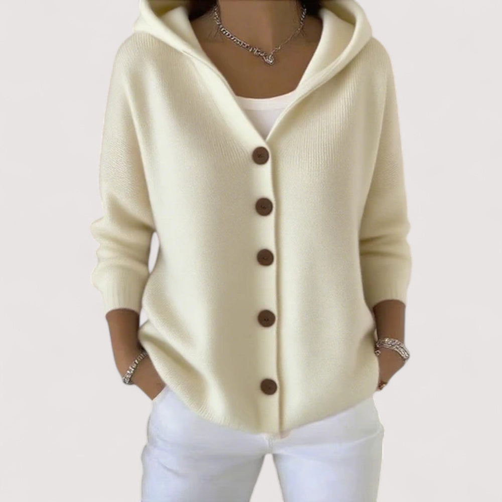 Women's hooded button cardigan with long sleeves and front pockets